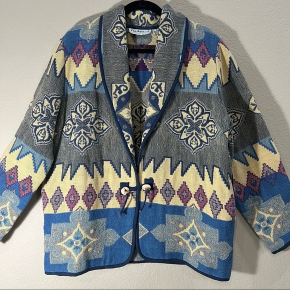 Vintage Oakridge Sz M Tapestry Coat Jacket Boho Festival Wood Button Pockets EUC - Picture 4 of 10